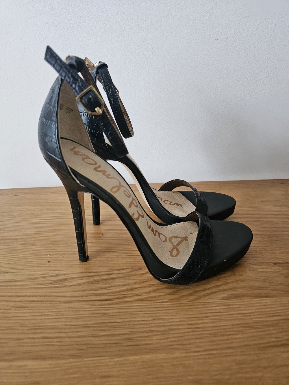 Sam Edelman Black Croc-Embossed Ankle Strap Stiletto Sandals Size 7